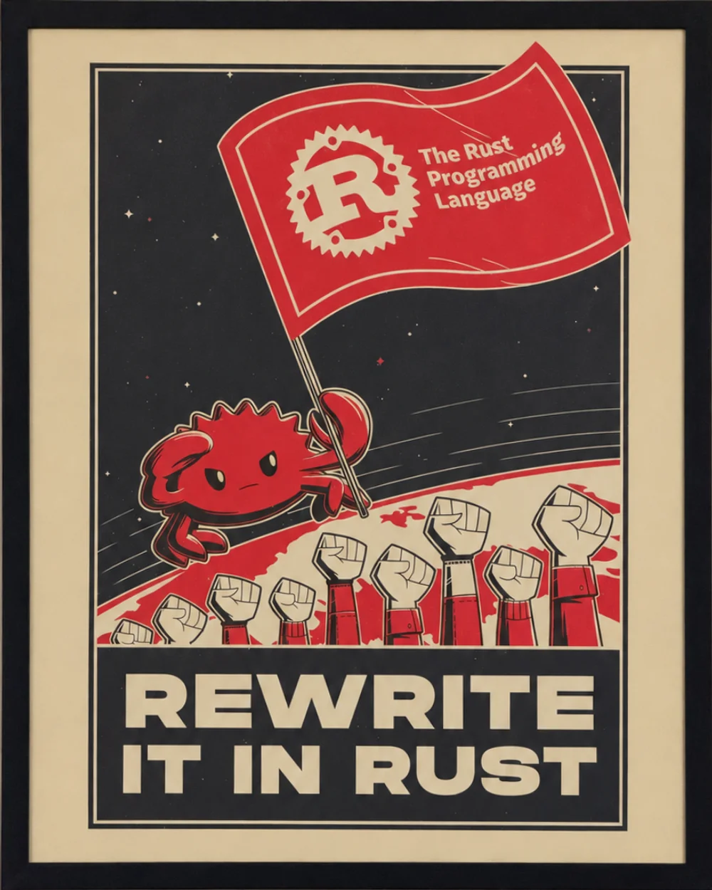 Framed Rewrite It in Rust poster featuring Ferris holding a red Rust flag